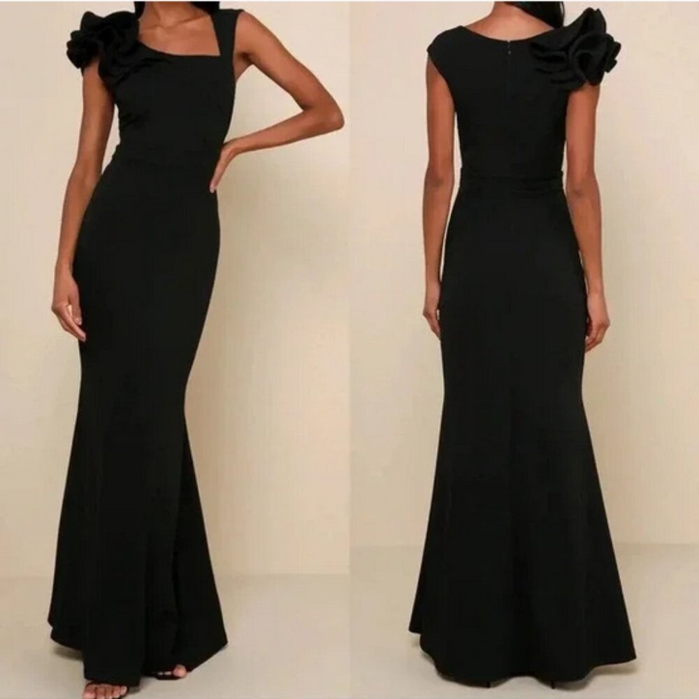 NWOT Lulus Lucette Black Sleeveless Ruffled Mermaid Maxi Dress